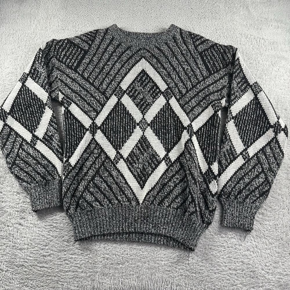 Vintage Pattern Knit Sweater Mens Medium Geometric Black Grandpacore Acrylic‎